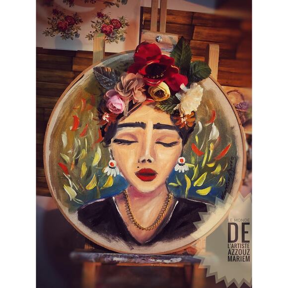 Handcrafted Circular Canvas Art – Portrait of a Woman with Floral Crown - Picture 2 of 3